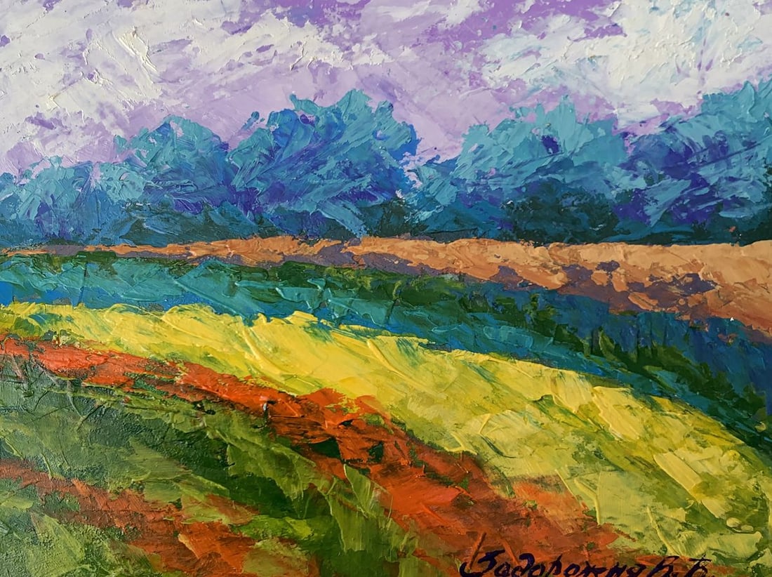Oil painting Cloudy sunny day V. Zadorozhnya: Title : Oil painting Cloudy sunny day V. Zadorozhnya Description: NoAAA3490The painting titled "Cloudy Sunny Day" masterfully captures the dynamic interplay between light and shadow in a vibrant