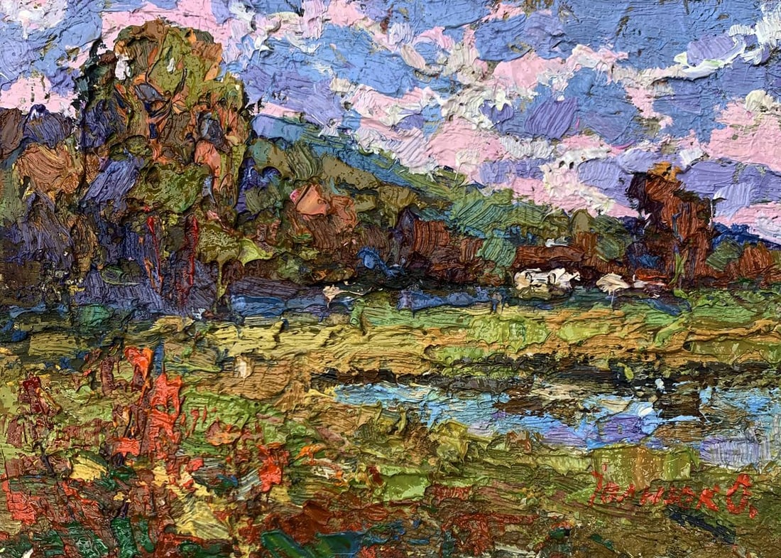 Oil painting On the edge of the village Oksana Kalenyuk: Title : Oil painting On the edge of the village Oksana Kalenyuk Description: NoAAA3506The painting titled "On the Edge of the Village" is a vibrant and textured portrayal of a serene rural landscape,