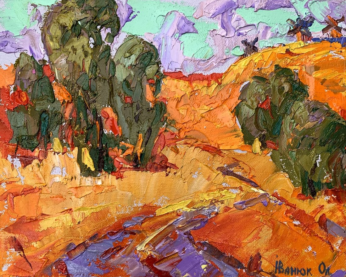 Oil painting Strong wind Kalenyuk Alex: Title : Oil painting Strong wind Kalenyuk Alex Description: NoAAA3515The painting "Strong Wind" vividly depicts the untamed energy of nature, harnessing bold strokes and intense colors to illustrate