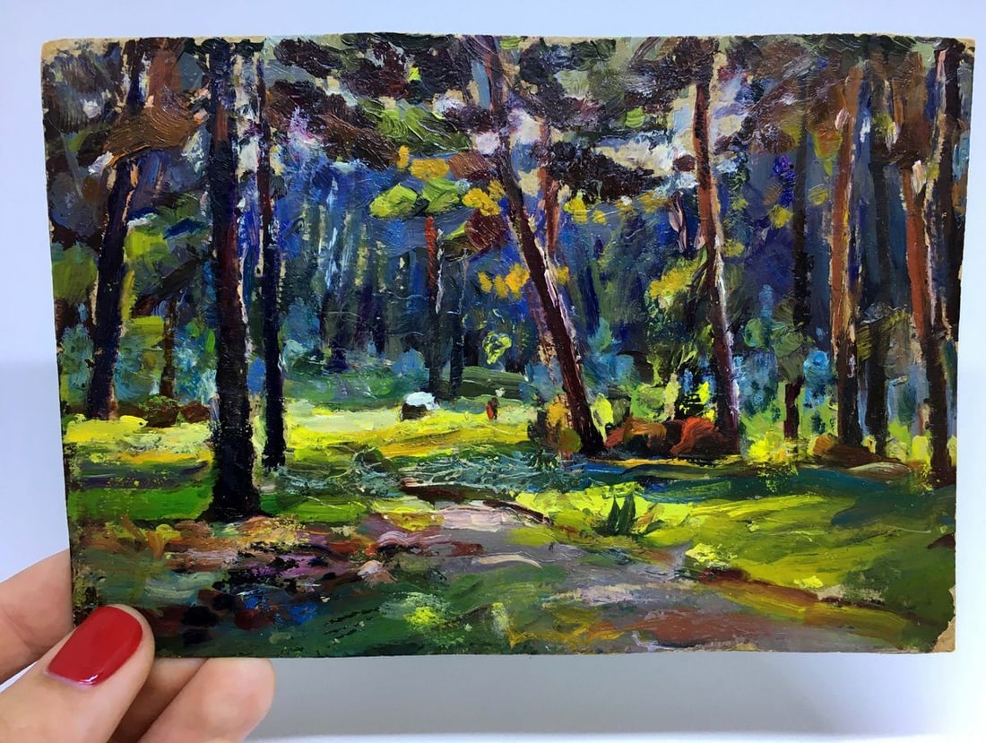 Oil painting Walk in the woods Popov I. A.: Title : Oil painting Walk in the woods Popov I. A. Description: NoVerns 954 *** ABOUT THIS PAINTING *** * TITLE: "Walk in the woods" * ARTISTS: Popov I. A. * SIZE: 15x10 cm/'5.90x3.93 inches' * MEDIUM