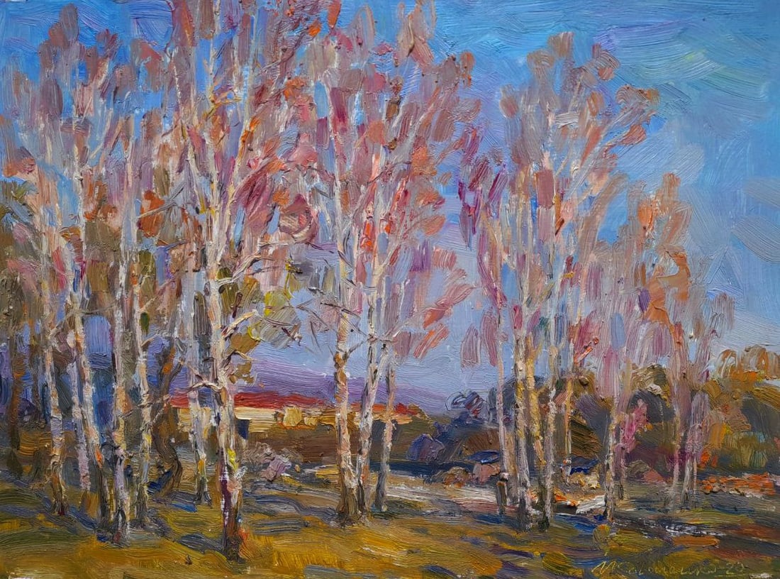 Oil painting Whispering birches Ivan Kovalenko: Title : Oil painting Whispering birches Ivan Kovalenko Description: NoKoval 244The Oil painting on Cardboard titled "Whispering birches" conveys the quiet poetry of nature where slender trees rise wit