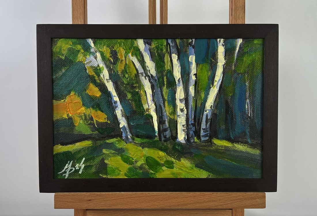 Acrylic painting Clearing in a birch forest Mykhailo Patskan: Title : Acrylic painting Clearing in a birch forest Mykhailo Patskan Description: NoAAA4896The Acrylic painting on Cardboard titled "Clearing in a Birch Forest" captures a quiet, contemplative moment