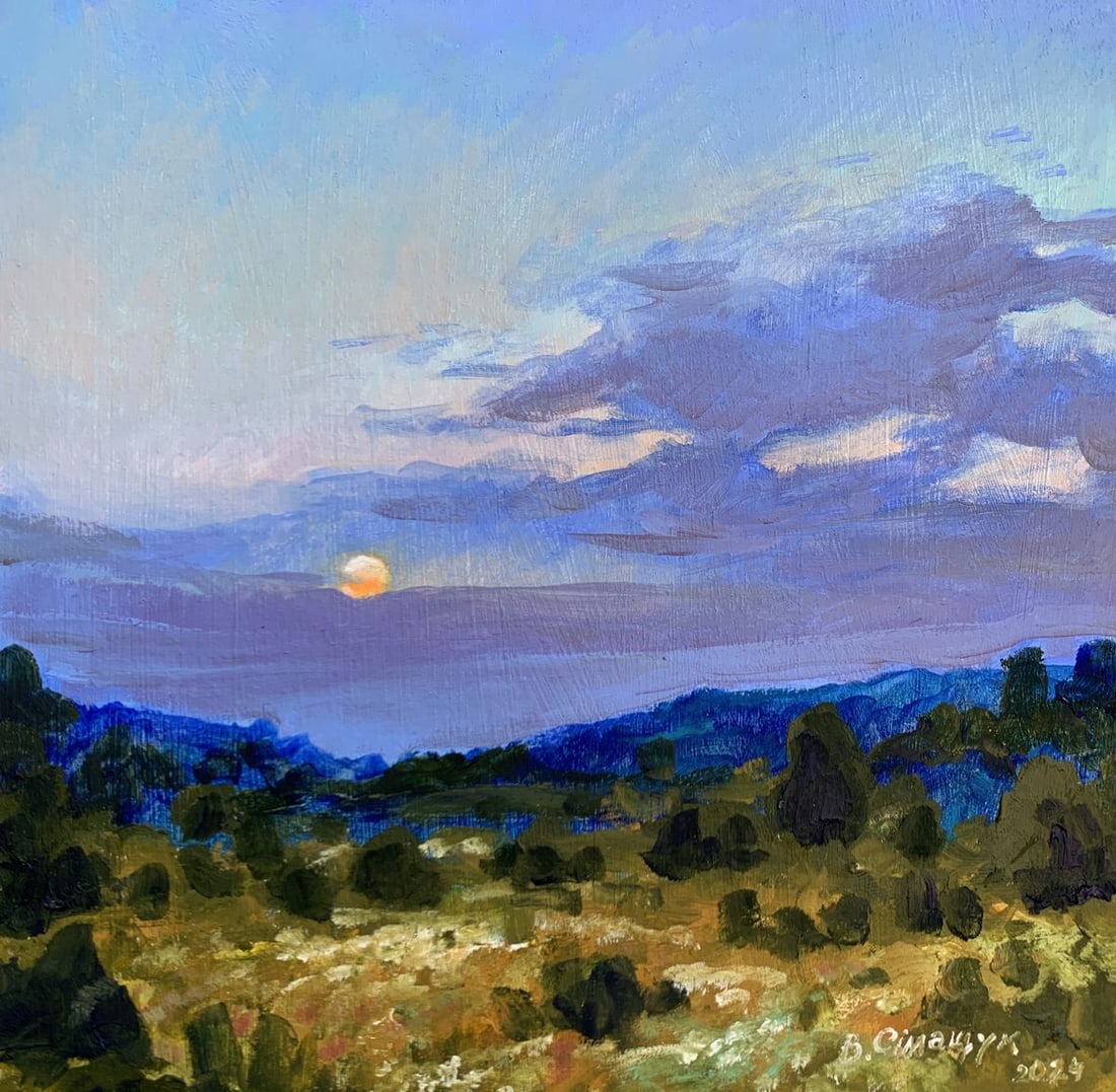 Oil painting Summer evening Valentina Simashchuk: Title : Oil painting Summer evening Valentina Simashchuk Description: NoAAA3656The painting "Summer Evening" captures the serene beauty of a countryside landscape at dusk. The composition is imbued