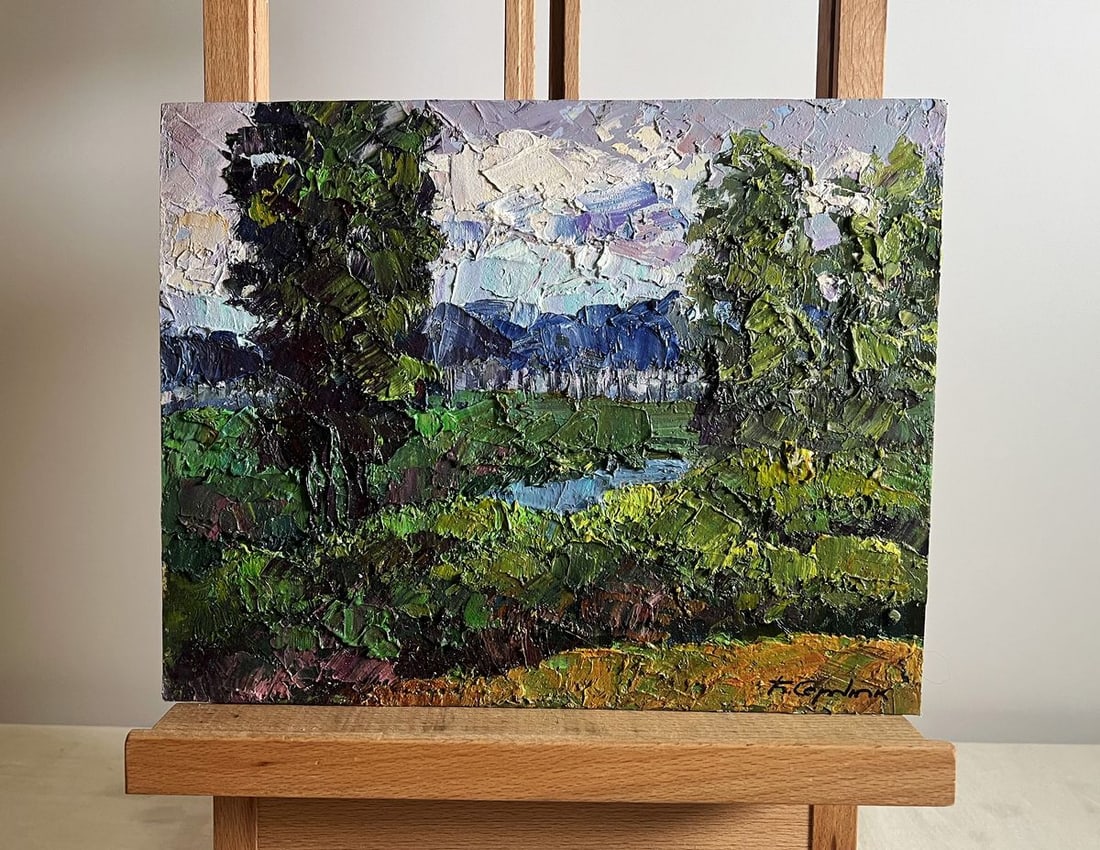 Oil painting It's getting dark Boris Serdyuk: Title : Oil painting It's getting dark Boris Serdyuk Description: NoAAA3760The oil painting on cardboard, titled "It's Getting Dark", captures the quiet transition from day to night in a lush, expansi