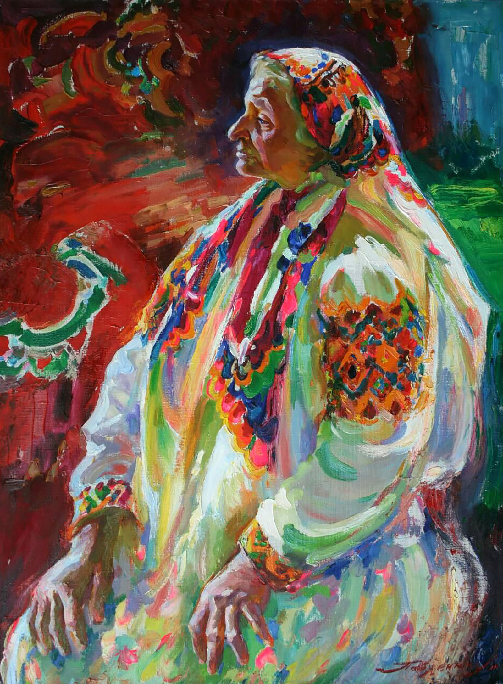 Oil painting In festive clothes Leonid Pavlenko: Title : Oil painting In festive clothes Leonid Pavlenko Description: 10PAVL Painter: Leonid Pavlenko Size: 80x60 cm/31.49x23.62 inches Components: oil, canvas Original painting CONDITION: excellent AR