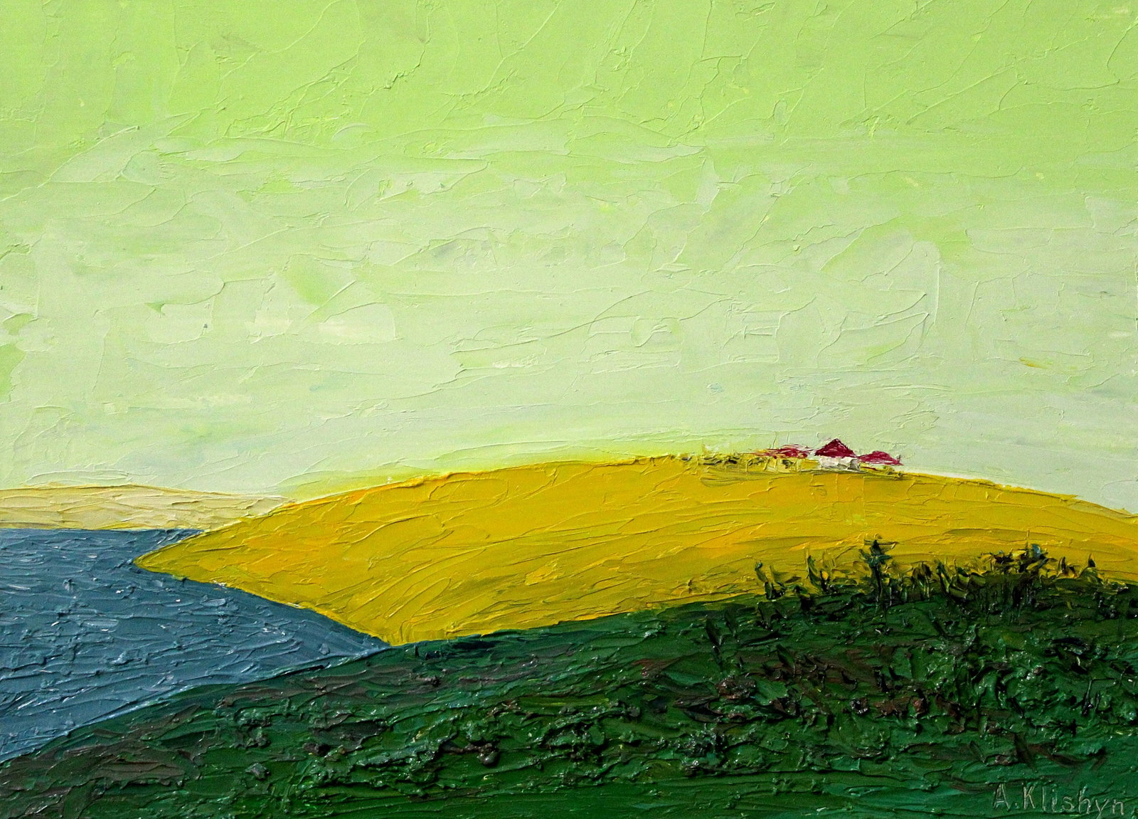 Oil painting House on top Andriy Klishyn: Title : Oil painting House on top Andriy Klishyn Description: 18KLISH Painter: Andriy Klishyn Size: 31.5x41.5 cm/12.40x16.33 inches Components: oil, dvp Original painting CONDITION: excellent ARTIST: