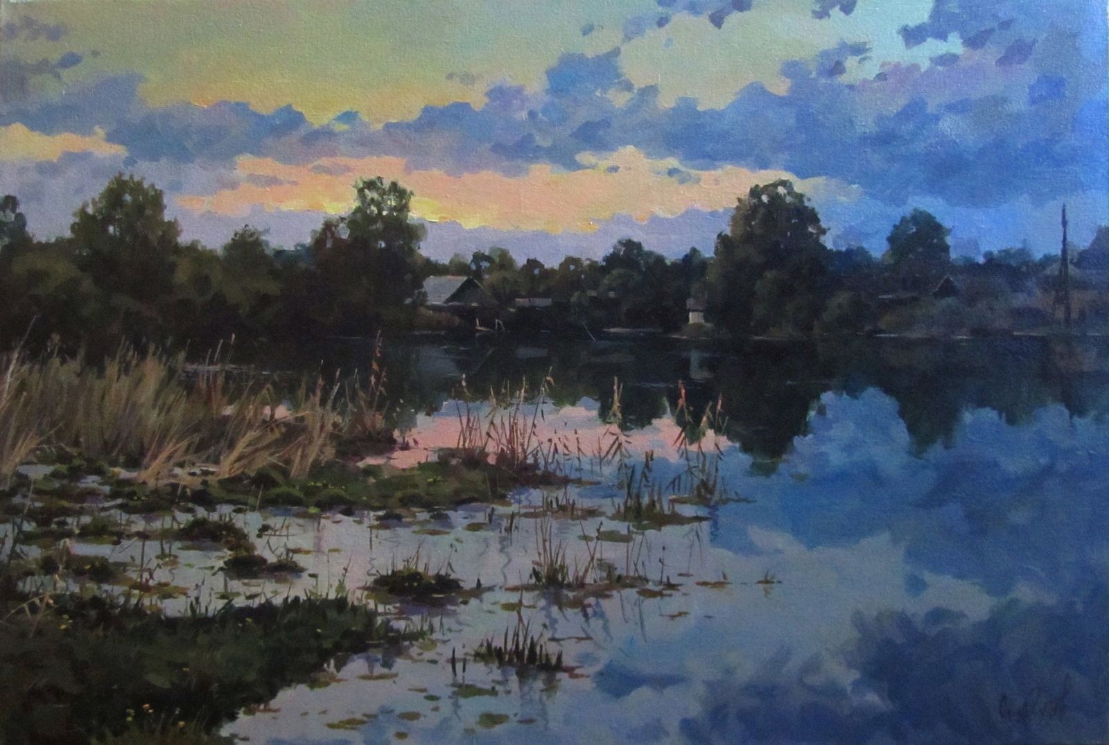 Oil painting River near the village Alexander Guzev: Title : Oil painting River near the village Alexander Guzev Description: 4GUZ Painter: Alexander Guzev Size: 40x60 cm/15.74x23.62 inches Components: oil, canvas Original painting CONDITION: excellent