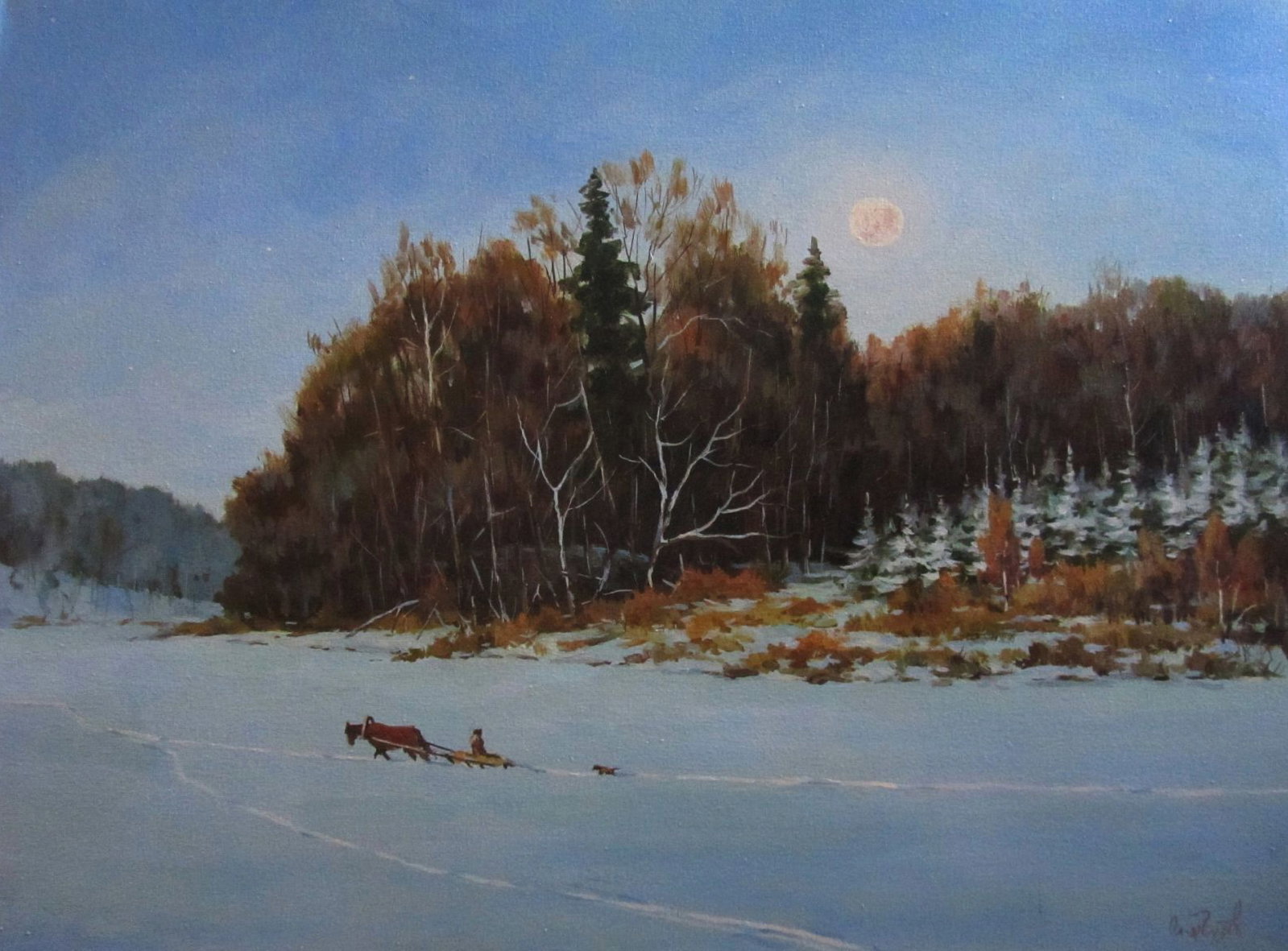 Oil painting Journey into winter mornings Alexander Guzev: Title : Oil painting Journey into winter mornings Alexander Guzev Description: 16GUZ Painter: Alexander Guzev Size: 40x50 cm/15.74x19.68 inches Components: oil, canvas Original painting CONDITION: