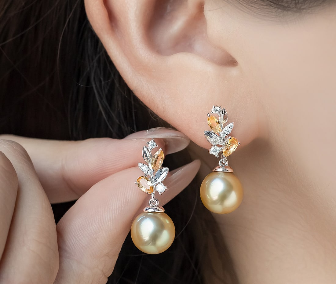 S925 Silver Yellow Crystal South Sea Golden Pearl Earrings - 2