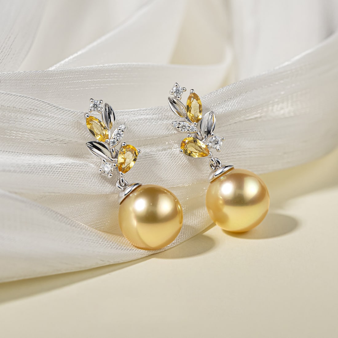 S925 Silver Yellow Crystal South Sea Golden Pearl Earrings - 3