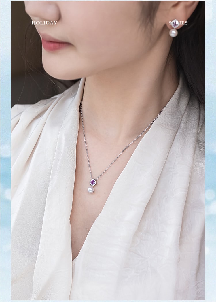 S925 Silver Amethyst Akoya Pearl Necklace Pendant - 5