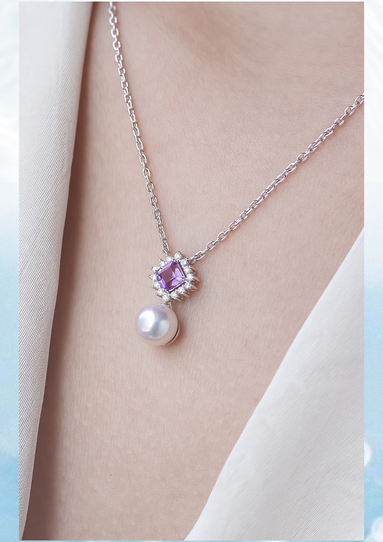 S925 Silver Amethyst Akoya Pearl Necklace Pendant - 6