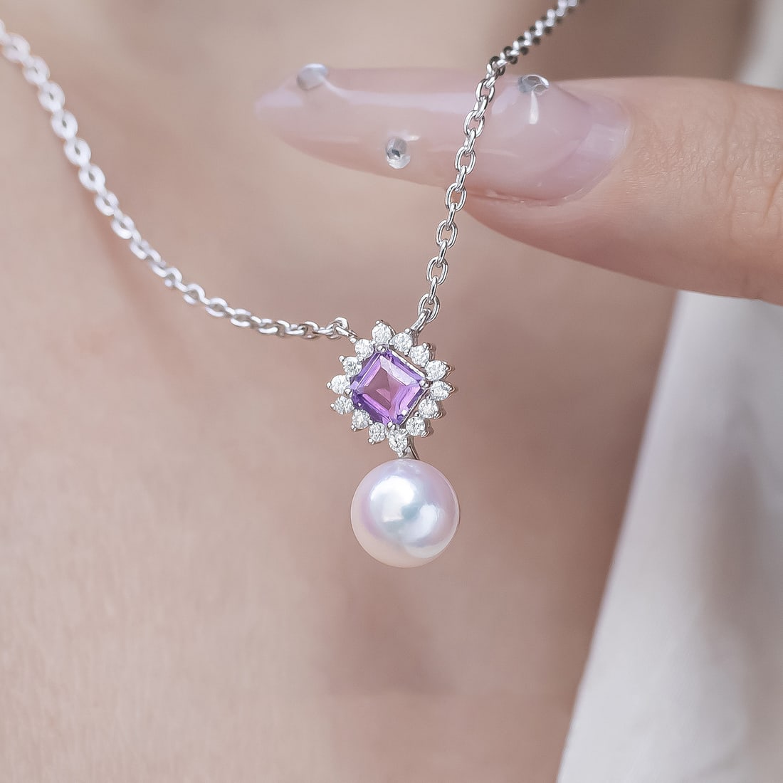S925 Silver Amethyst Akoya Pearl Necklace Pendant - 7