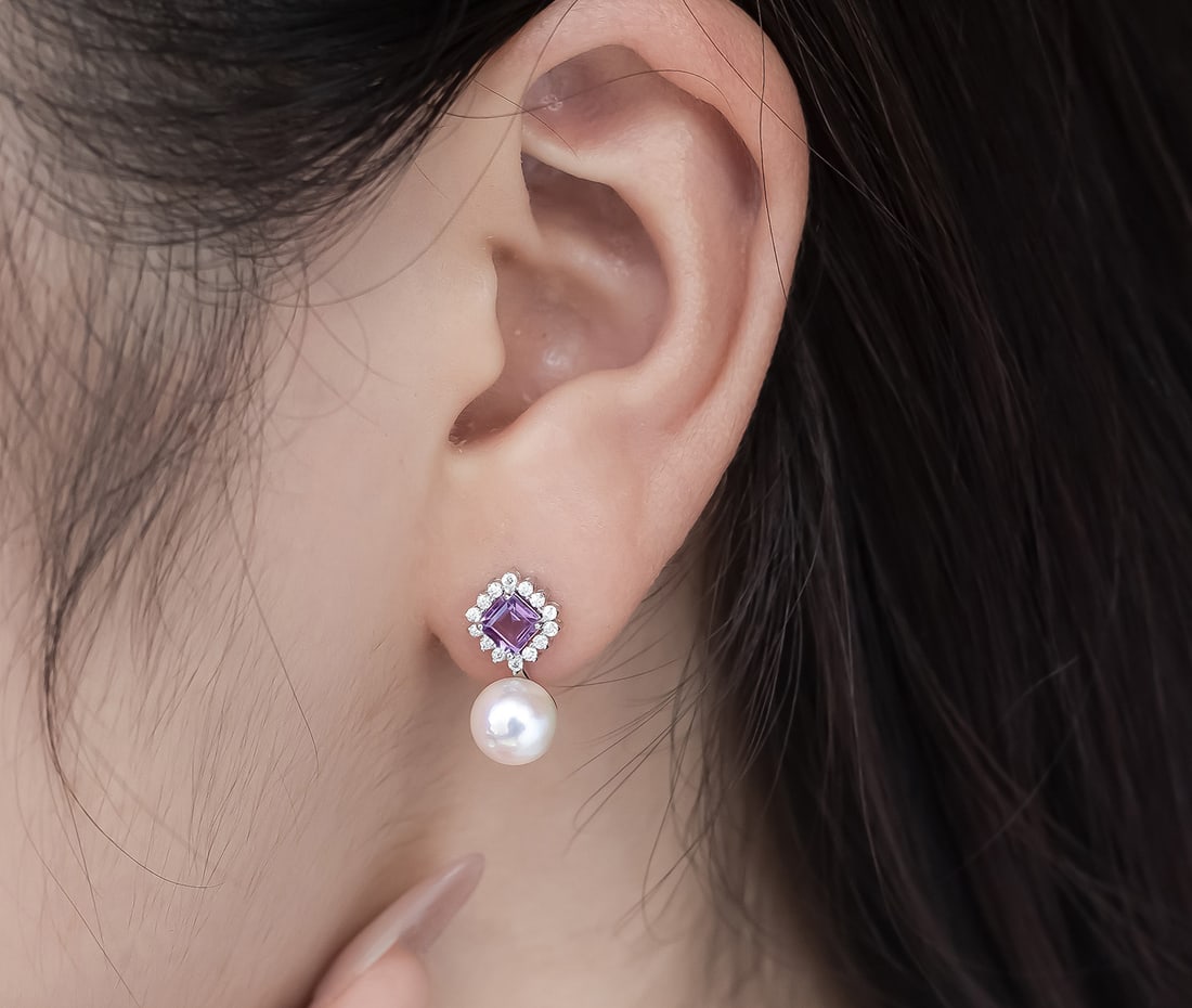 S925 Silver Amethyst Seawater Pearl Earrings - 2