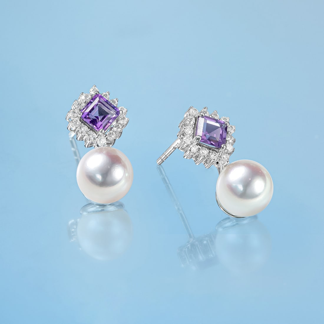 S925 Silver Amethyst Seawater Pearl Earrings - 3