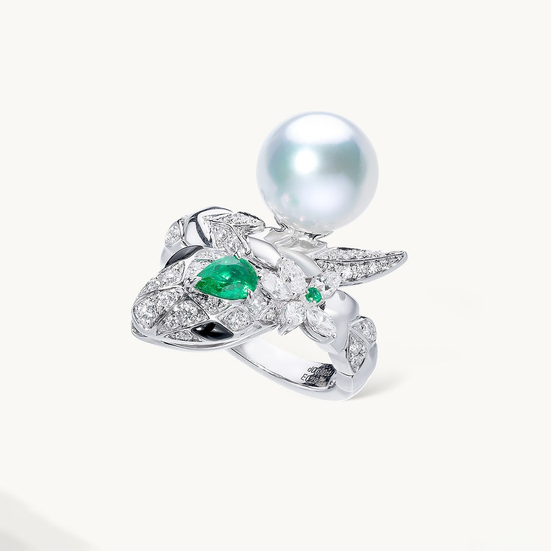 18K Gold Set with Diamond Emerald Seawater Pearl Ring - 3