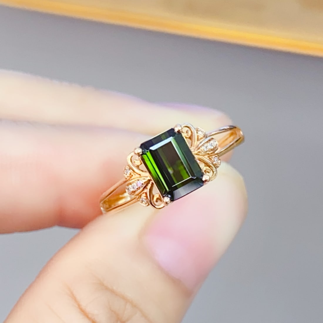 18K gold green tourmaline ring, size 17 (resize can be resized free of charge) - 3