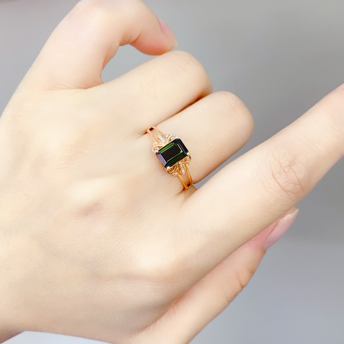 18K gold green tourmaline ring, size 17 (resize can be resized free of charge) - 4