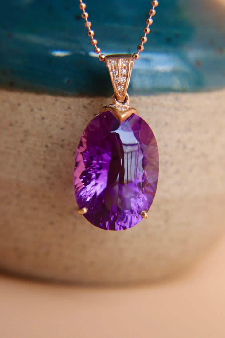 18K Gold Amethyst Diamond Pendant - 7