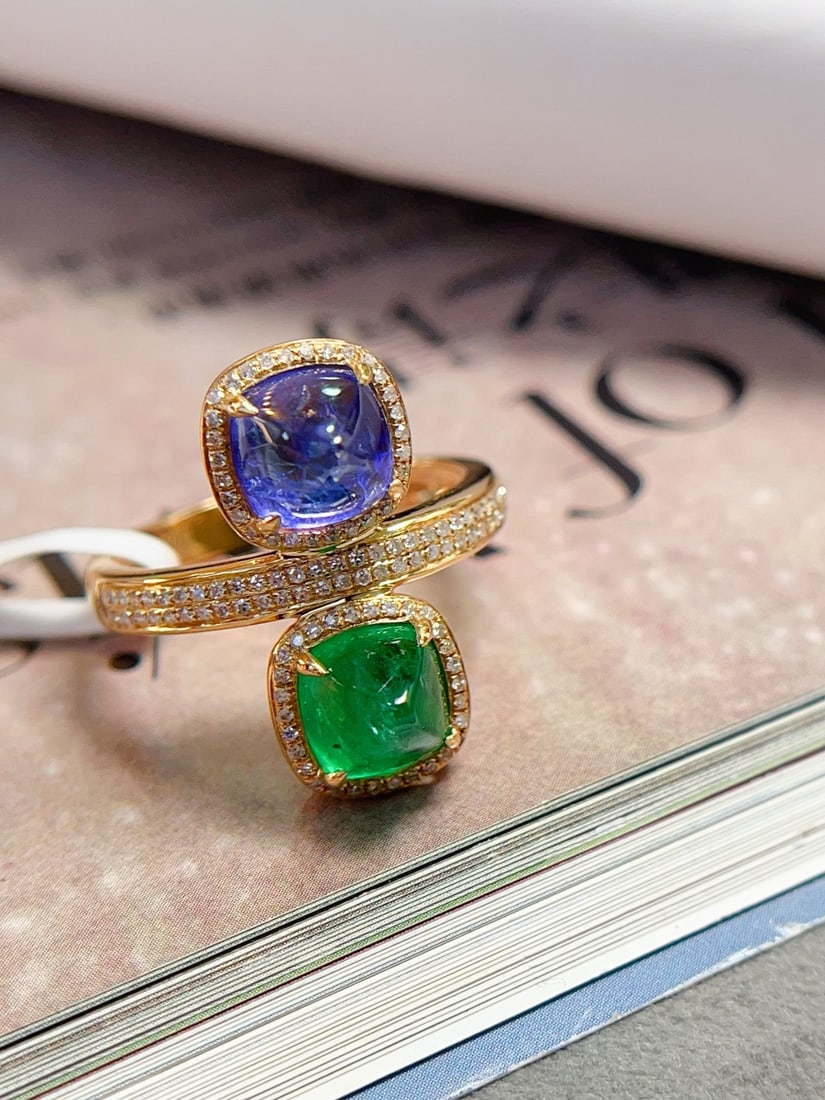 18K Gold Emerald Tanzanite Ring - 2