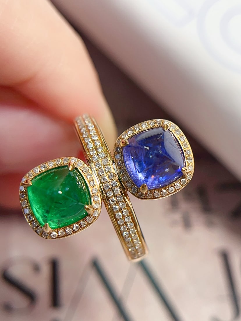 18K Gold Emerald Tanzanite Ring - 3