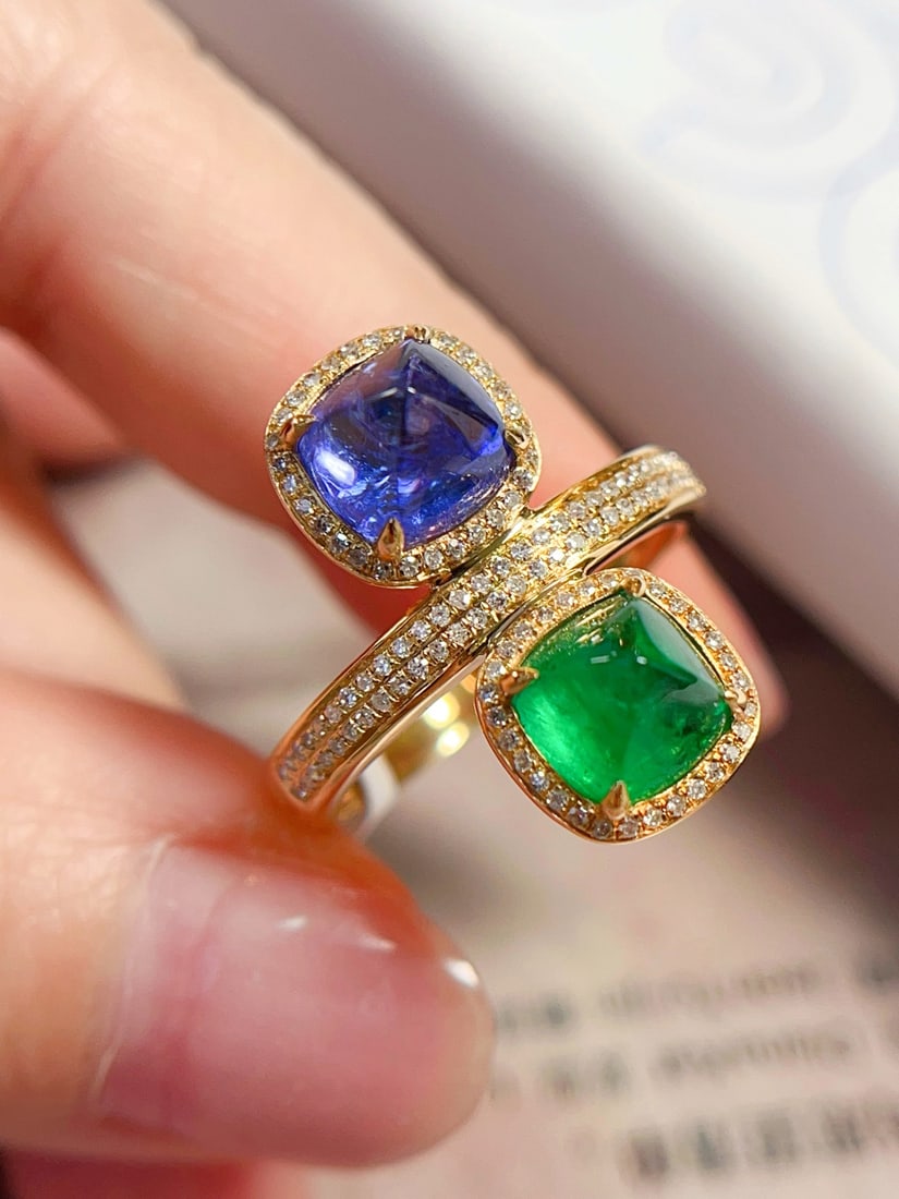 18K Gold Emerald Tanzanite Ring - 4