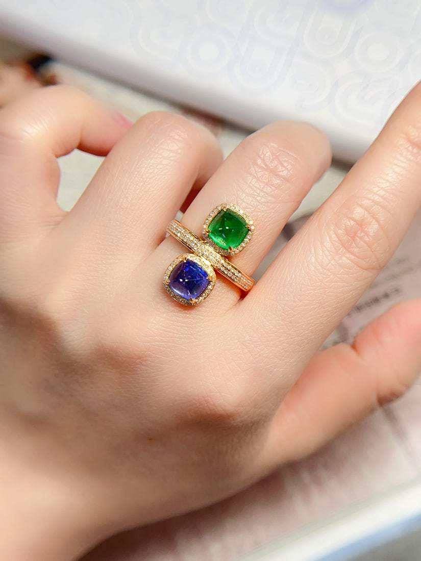 18K Gold Emerald Tanzanite Ring - 5