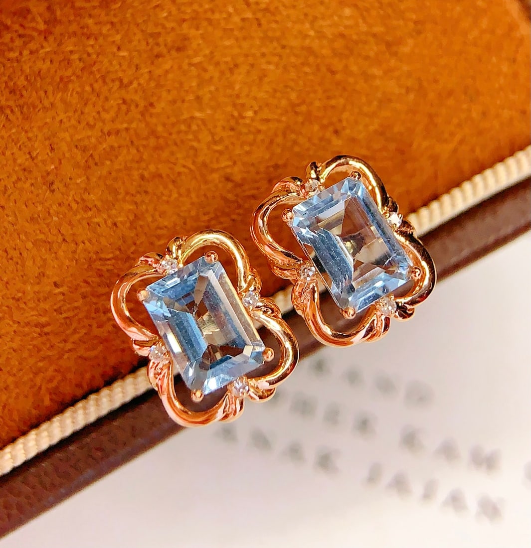 18K Gold Natural Aquamarine Earrings - 3