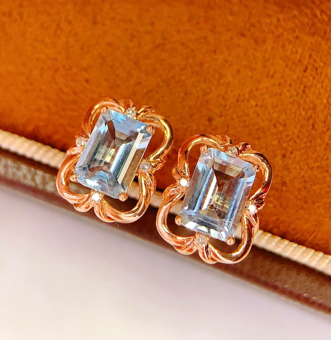 18K Gold Natural Aquamarine Earrings - 4