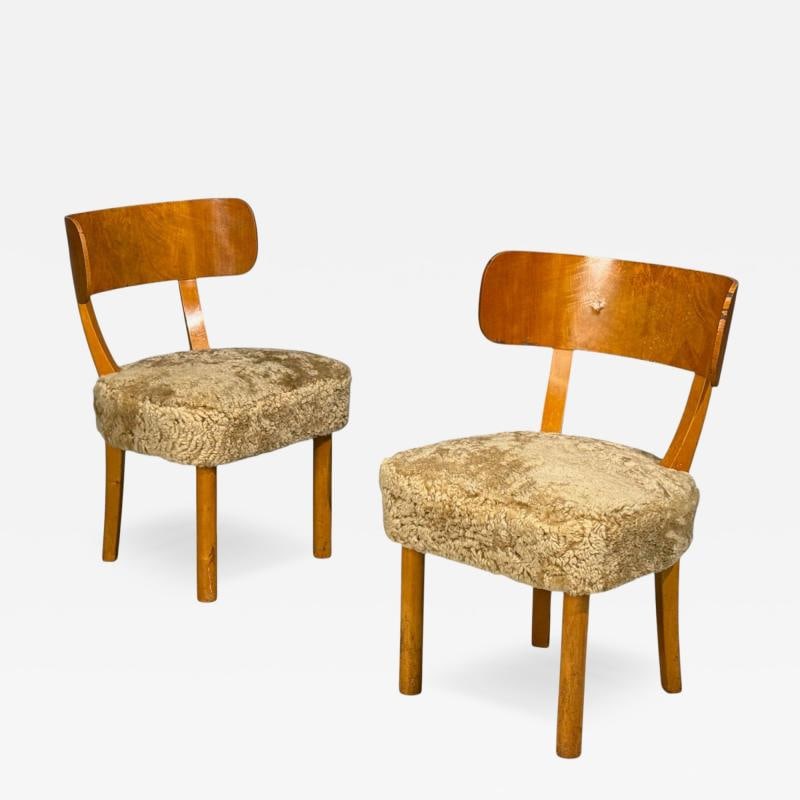 Axel Einar Hjorth, Rare Birka Chairs, Birch, Honey Sheepskin, Sweden, 1930s - 2