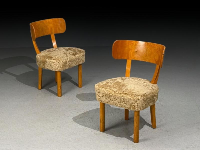Axel Einar Hjorth, Rare Birka Chairs, Birch, Honey Sheepskin, Sweden, 1930s - 4