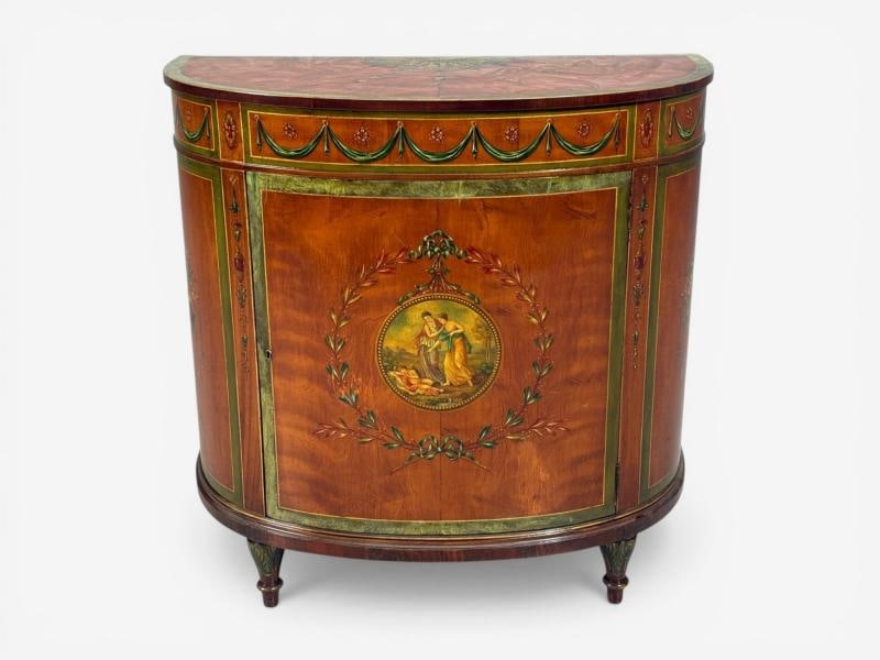 Edwardian, Adams Paint Decorated Demilune Cabinet, Inlaid Wood, 19th c. - 2