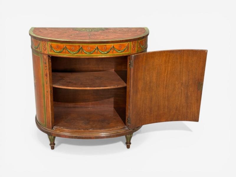 Edwardian, Adams Paint Decorated Demilune Cabinet, Inlaid Wood, 19th c. - 5