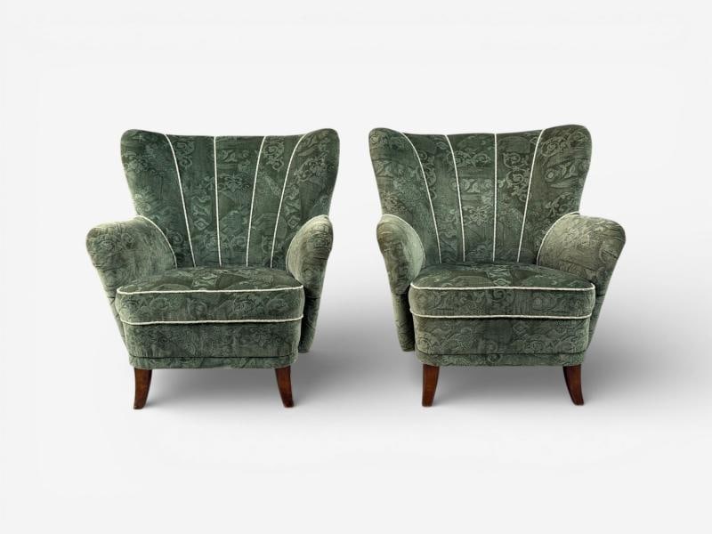 Ilmari Lappalainen, Lounge Chairs, Beech, Green Fabric, Finland, 1950s - 3