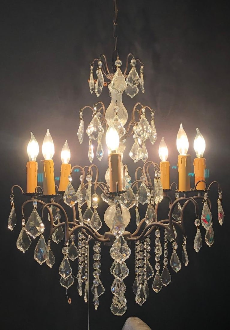 Copper Designed Metal and Crystal Chandelier with Centre Cut Glass Column - 2