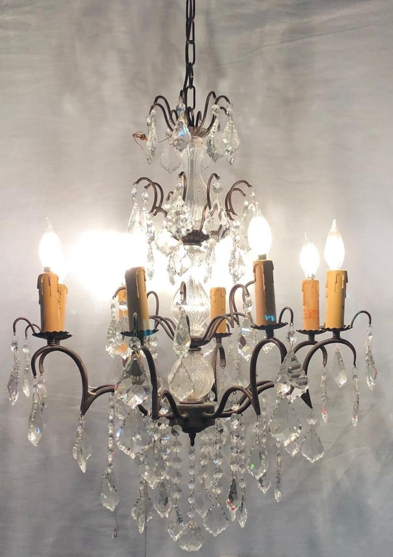 Copper Designed Metal and Crystal Chandelier with Centre Cut Glass Column - 3