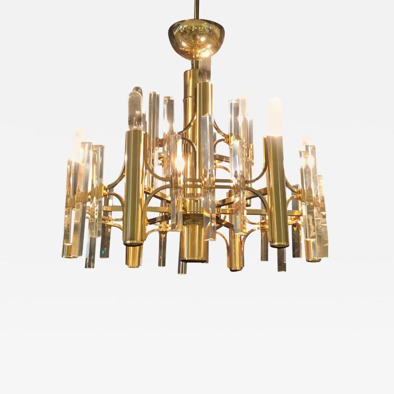 Tommi Parzinger Style Brass Chandelier Cylindrical Lights Crystal Prisms (1 of 9)
