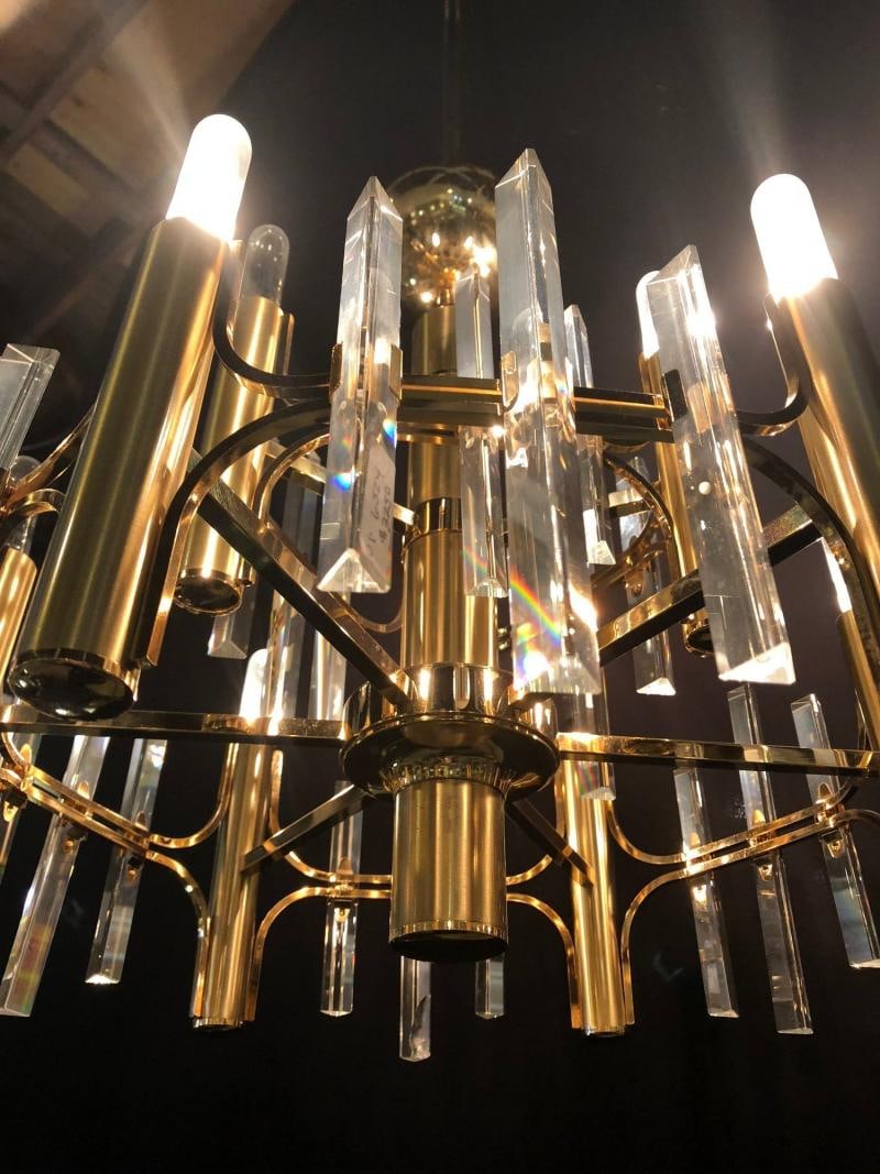 Tommi Parzinger Style Brass Chandelier Cylindrical Lights Crystal Prisms - 2