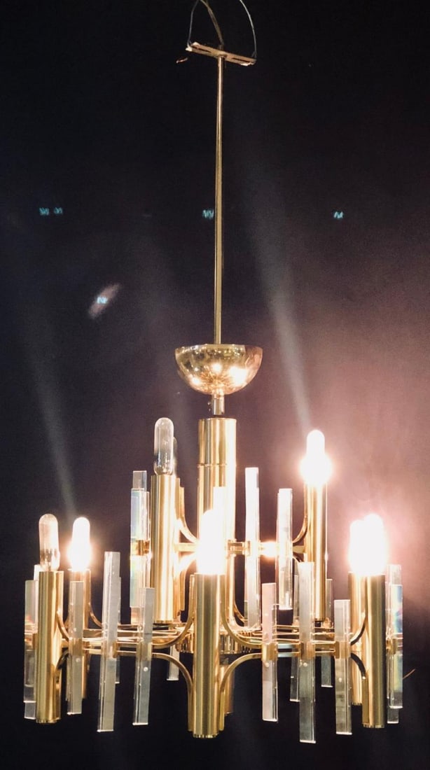 Tommi Parzinger Style Brass Chandelier Cylindrical Lights Crystal Prisms - 3