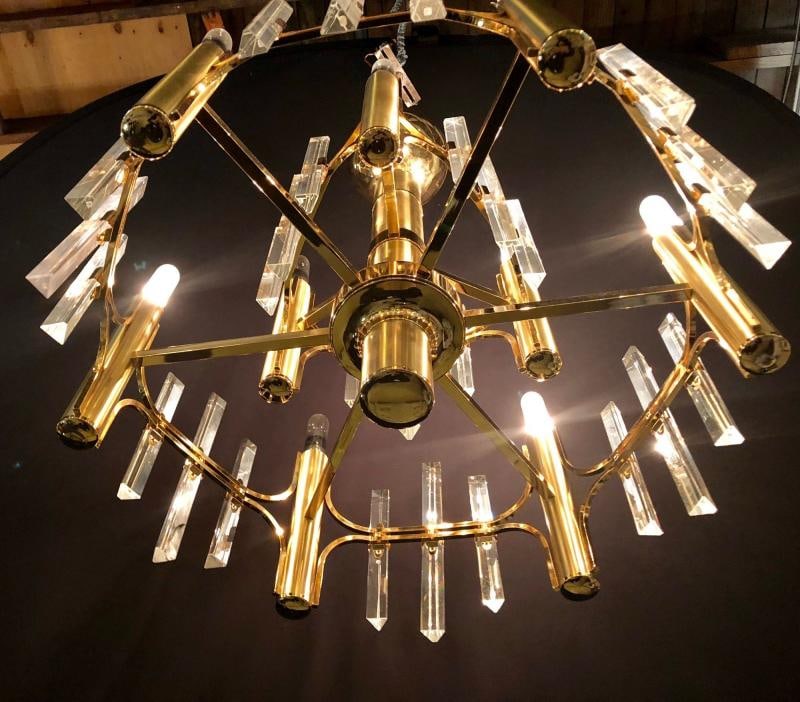 Tommi Parzinger Style Brass Chandelier Cylindrical Lights Crystal Prisms - 4