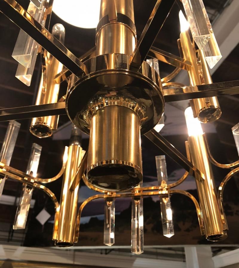 Tommi Parzinger Style Brass Chandelier Cylindrical Lights Crystal Prisms - 5