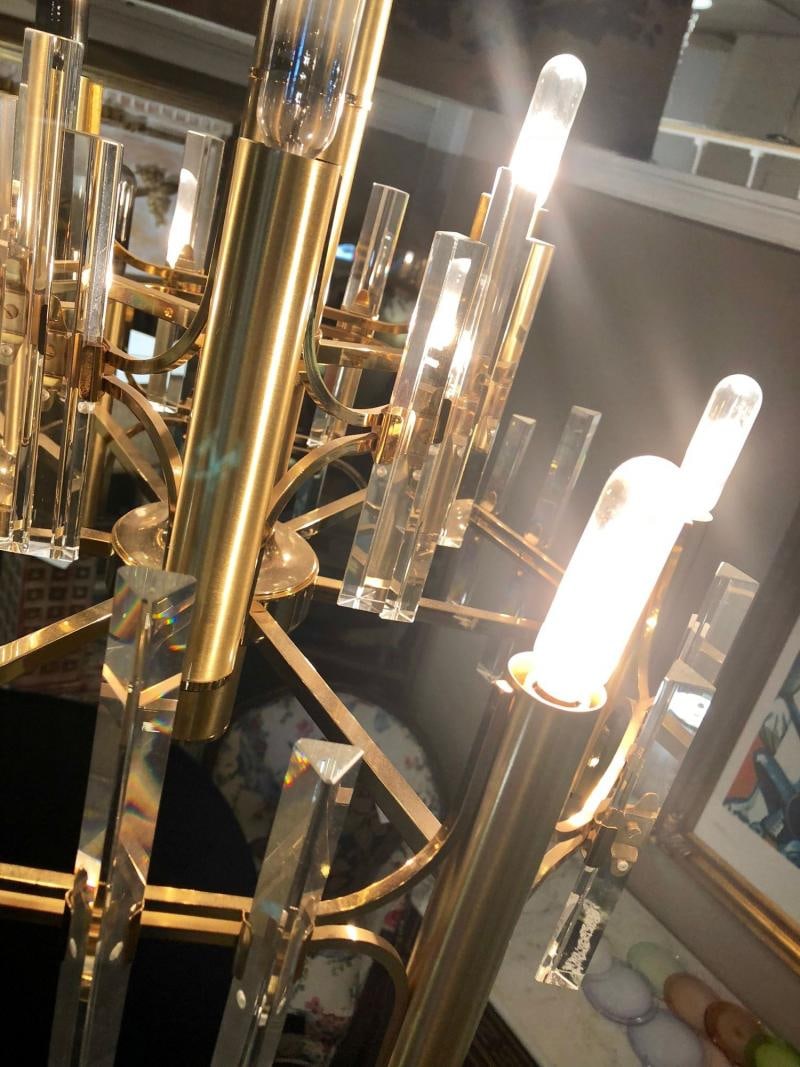 Tommi Parzinger Style Brass Chandelier Cylindrical Lights Crystal Prisms - 7