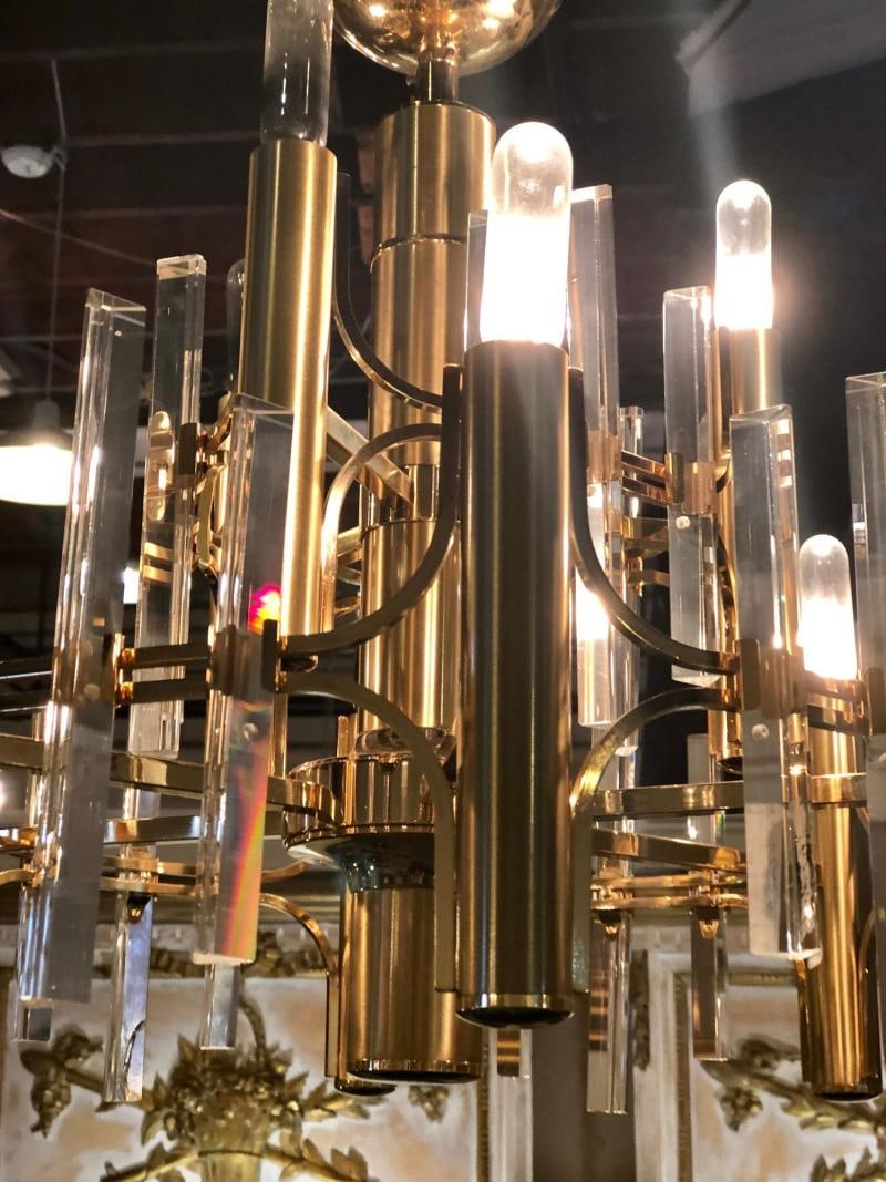 Tommi Parzinger Style Brass Chandelier Cylindrical Lights Crystal Prisms - 8