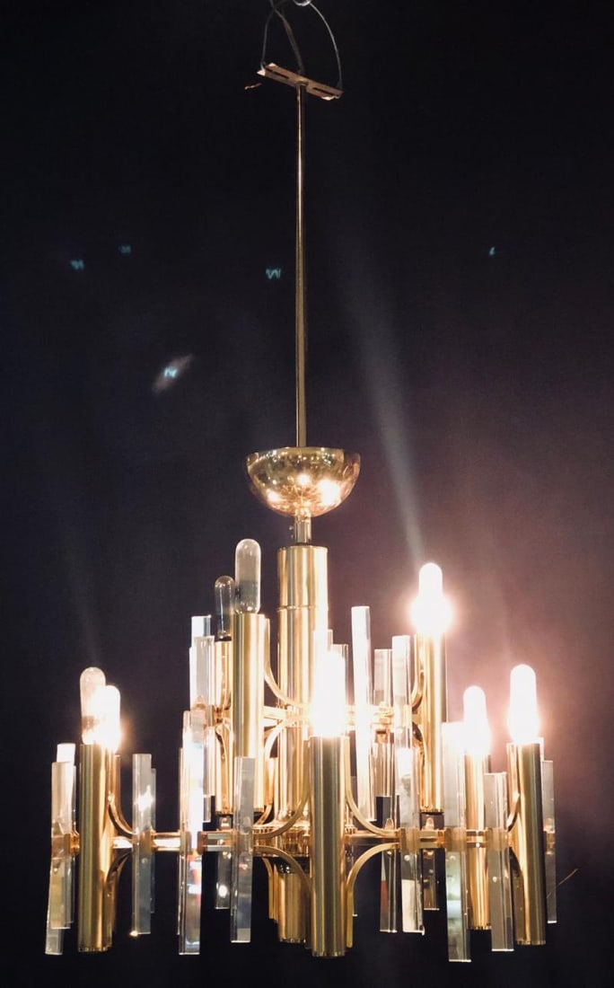 Tommi Parzinger Style Brass Chandelier Cylindrical Lights Crystal Prisms - 9