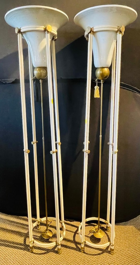 French Modern, Porcelain, Bronze, Monumental Torchiere Floor Lamps, France 1930s - 4