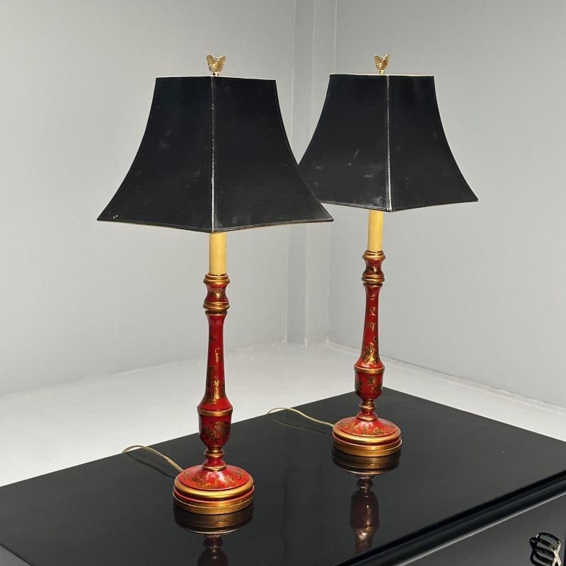 Chinoiserie, Table, Desk Lamps, Red Jappanned Wood, Giltwood, 1940s - 3