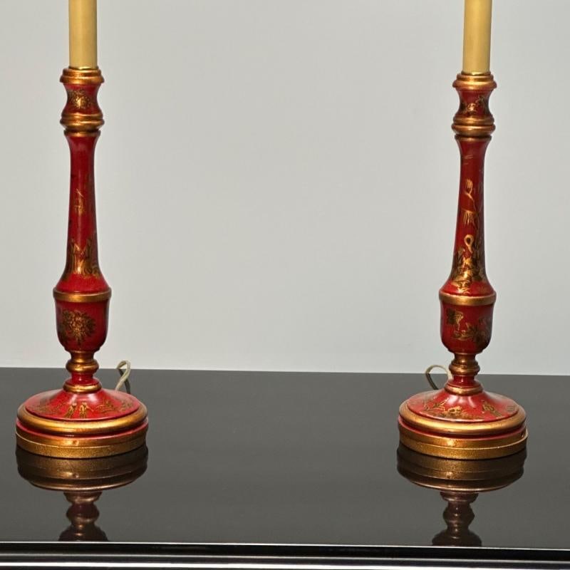 Chinoiserie, Table, Desk Lamps, Red Jappanned Wood, Giltwood, 1940s - 4