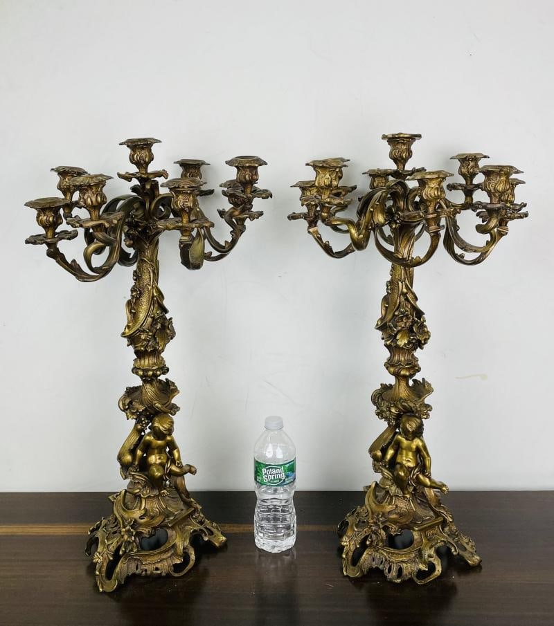 Pair of Louis XVI Style Gilt Bronze Candelabra, Cherub Florentine Form - 2