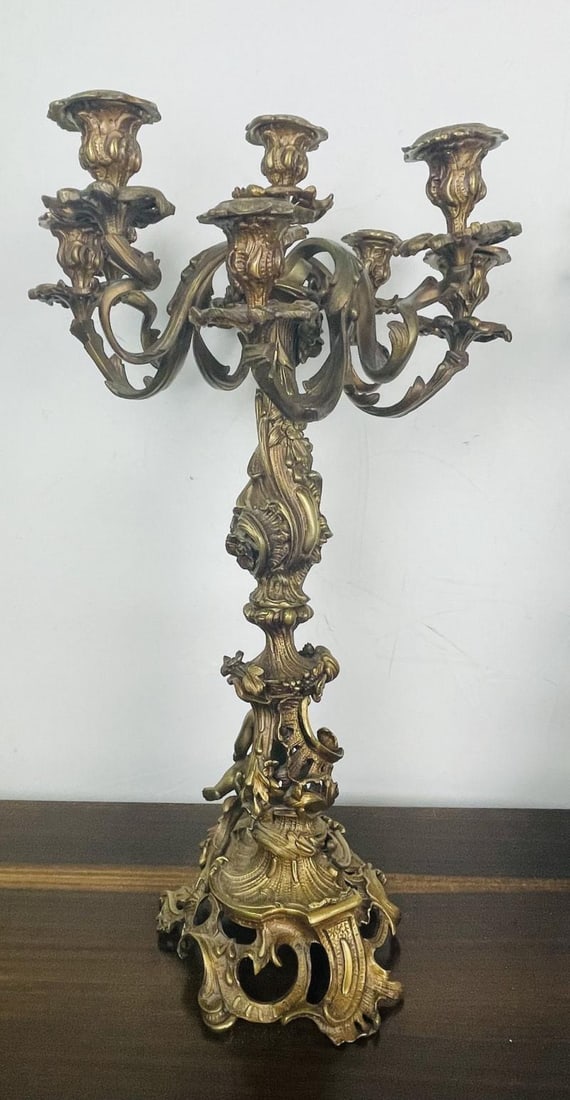 Pair of Louis XVI Style Gilt Bronze Candelabra, Cherub Florentine Form - 3