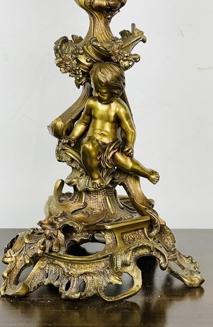 Pair of Louis XVI Style Gilt Bronze Candelabra, Cherub Florentine Form - 4